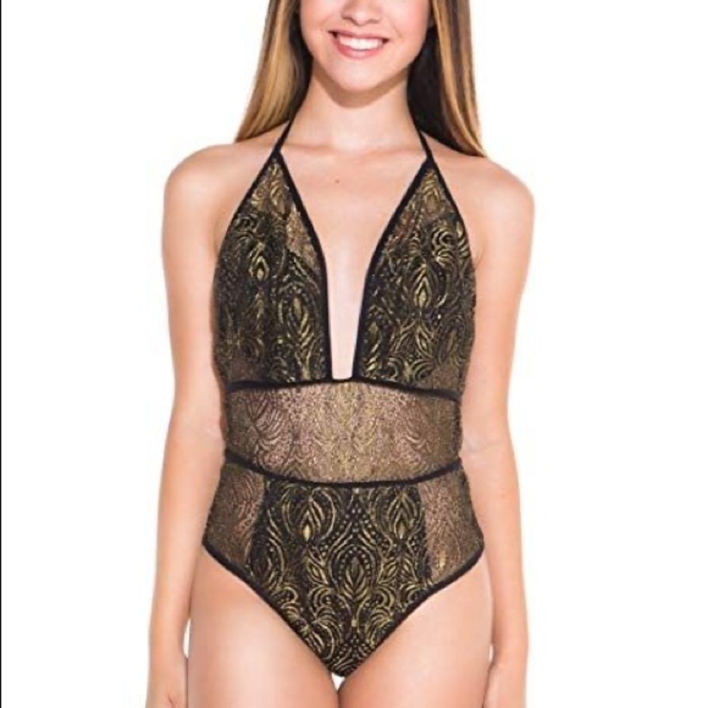 IHeartRaves Sheer Mesh Plunging Bodysuit size S